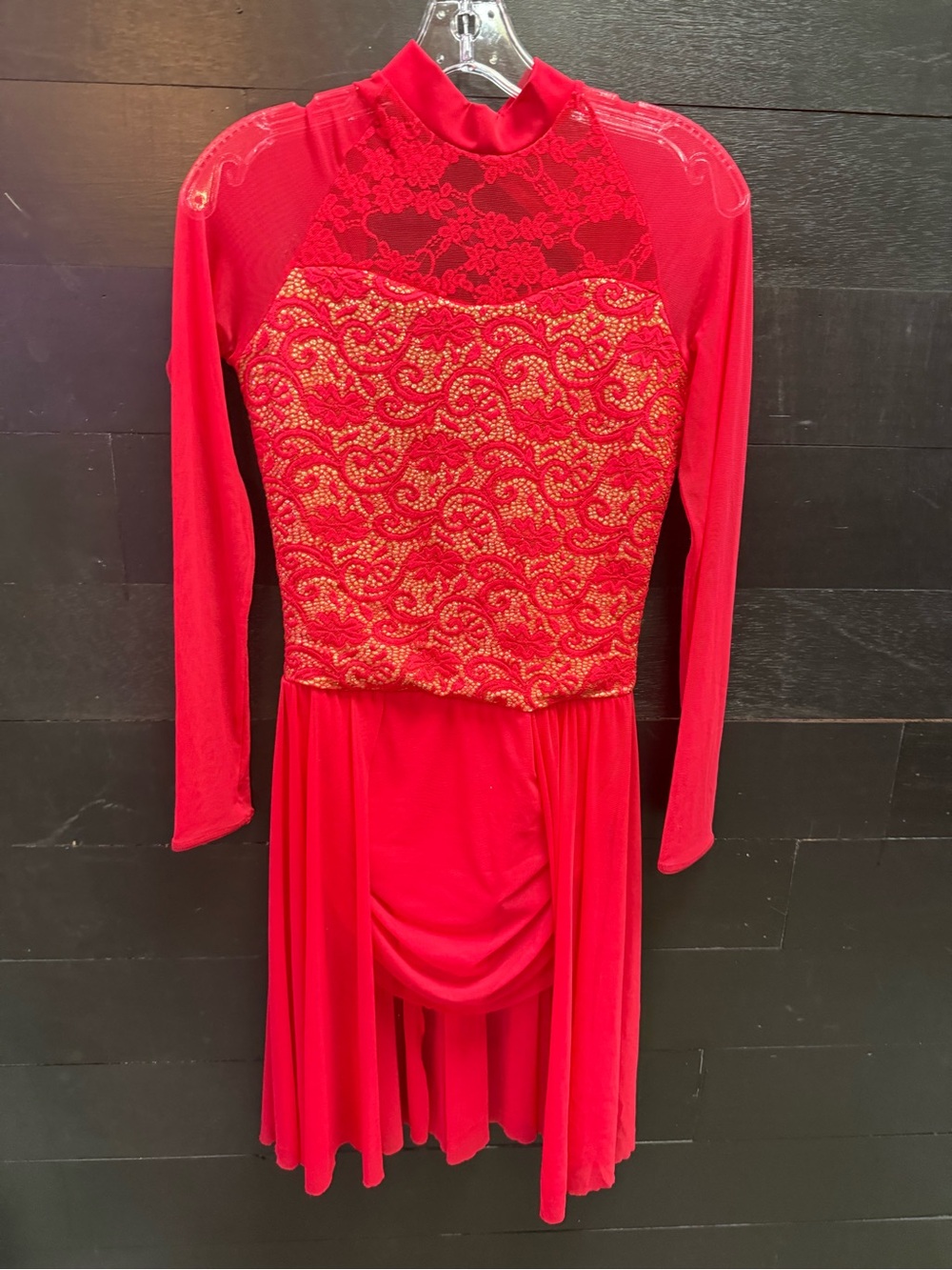 Weissman Red Lace & Sequin Long Sleeve Dance Dress